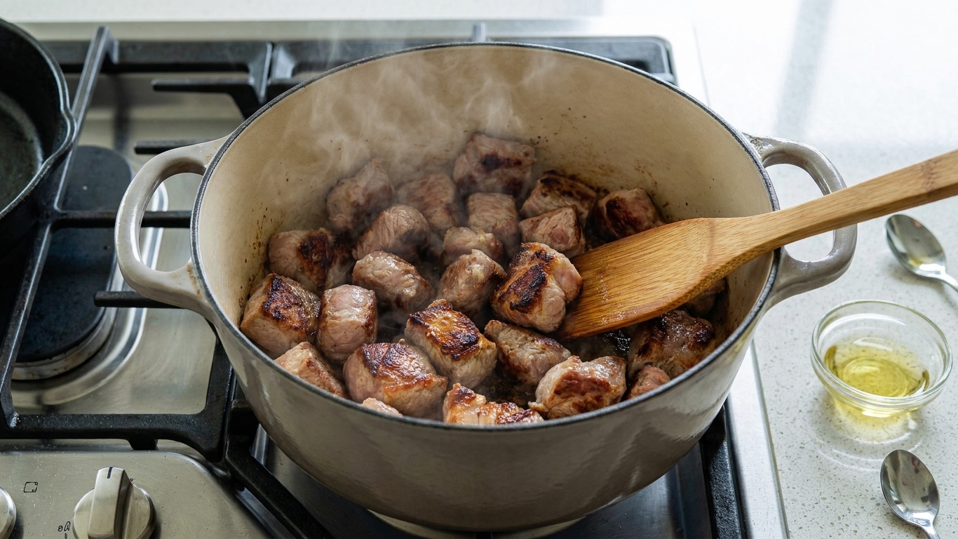Pork chunks being seared in a Dutch oven on a stovetop, with browned edges forming on the meat