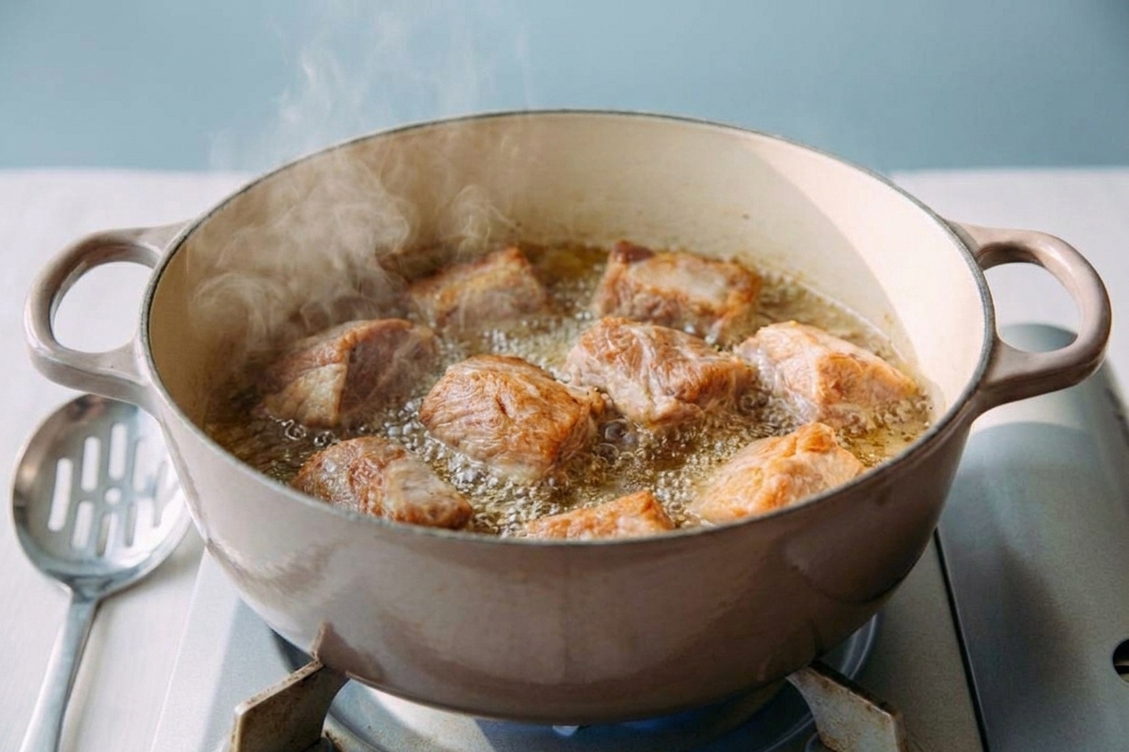 Pork chunks frying in hot oil in a deep pot with a slotted spoon nearby on a stovetop
