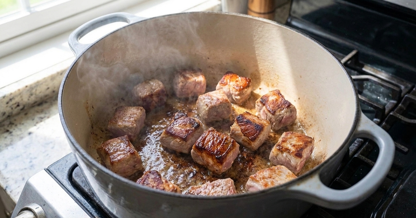 Pork cubes searing in a Dutch oven with browned edges forming on the bottom of the pot