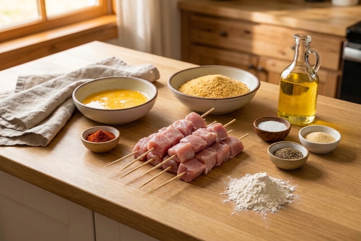 Pork cubes threaded onto skewers next to bowls of flour, egg wash, and breadcrumbs on a kitchen counter