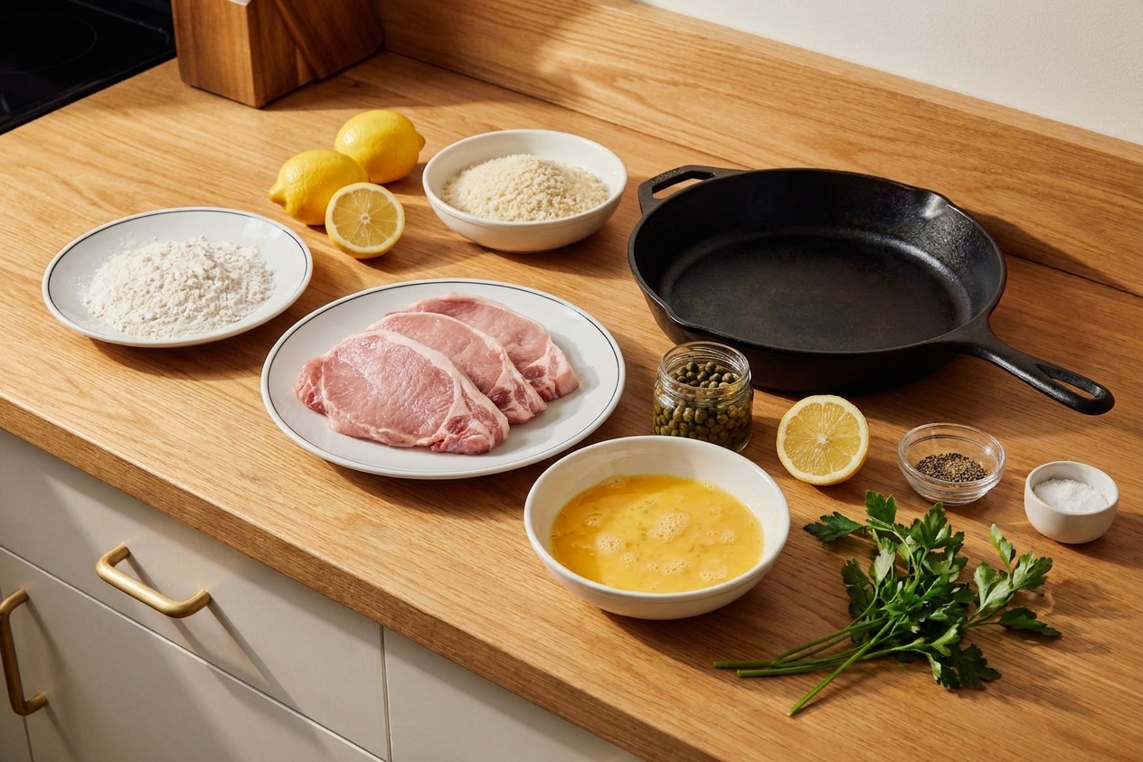Pork cutlets, eggs, flour, panko breadcrumbs, lemon, capers, parsley, and seasonings arranged on a clean kitchen counter with a skillet nearby