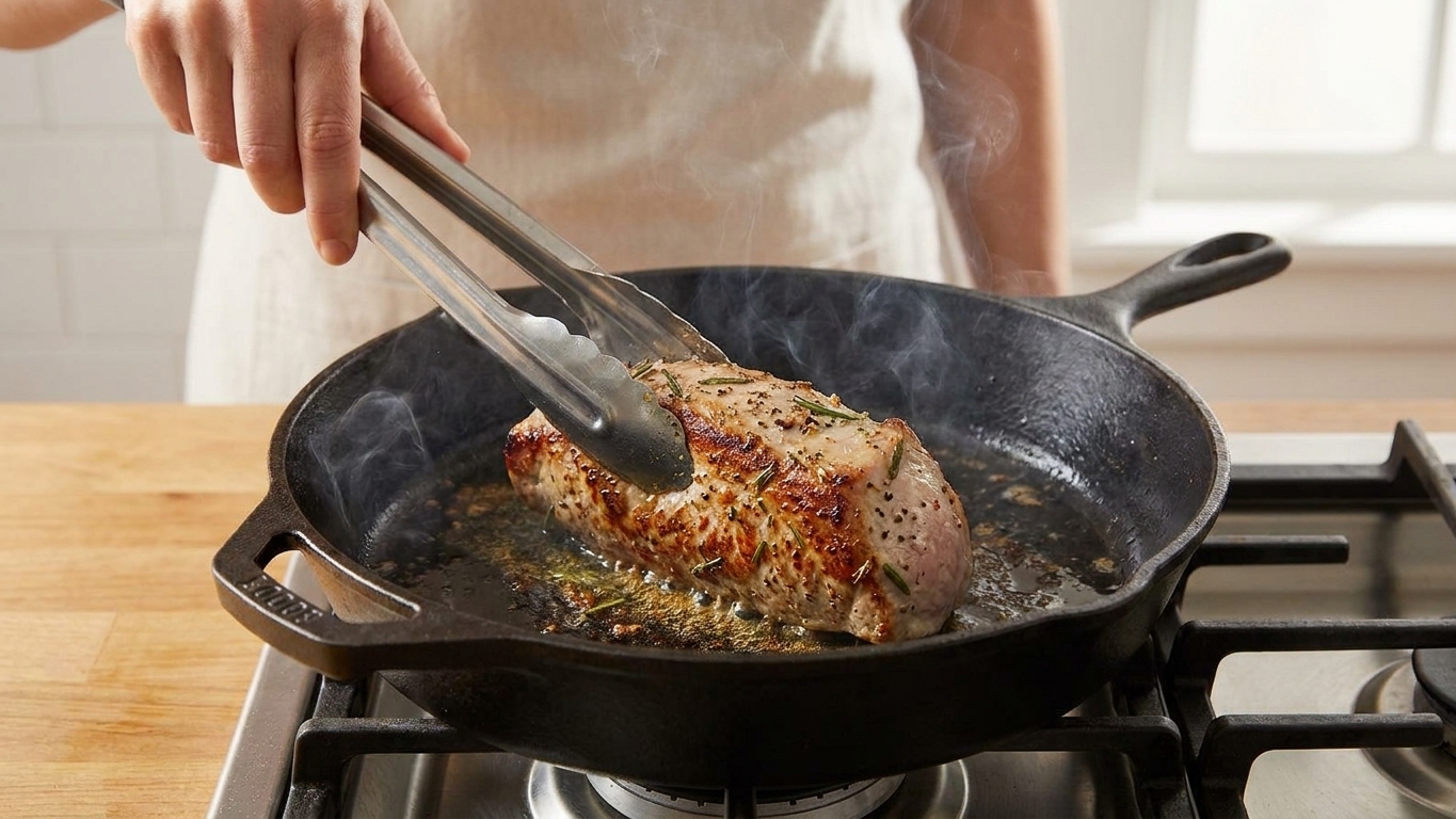 Pork fillet browning in a cast iron skillet on a stovetop with tongs turning it, golden sear forming on the surface