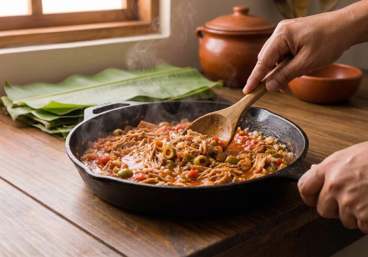 Pork filling cooking in a skillet with sofrito, tomato sauce, and olives, being stirred with a wooden spoon