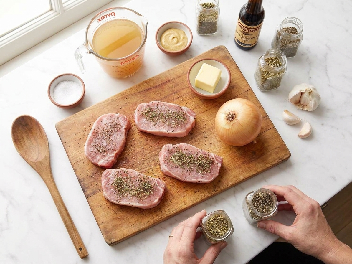 Pork loin chops, chicken broth, onion, garlic, Dijon mustard, Worcestershire sauce, butter, and pantry spices arranged on a kitchen counter