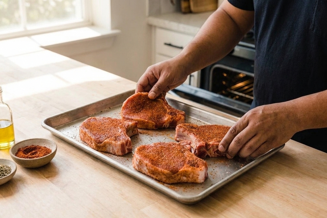 Pork loin chops coated in a paprika-garlic spice rub on a sheet pan, ready to go into the oven