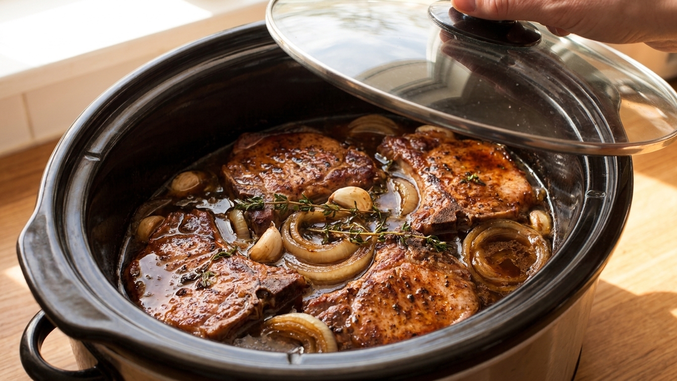 Pork loin chops nestled in a slow cooker with onions and broth, ready to be covered and cooked