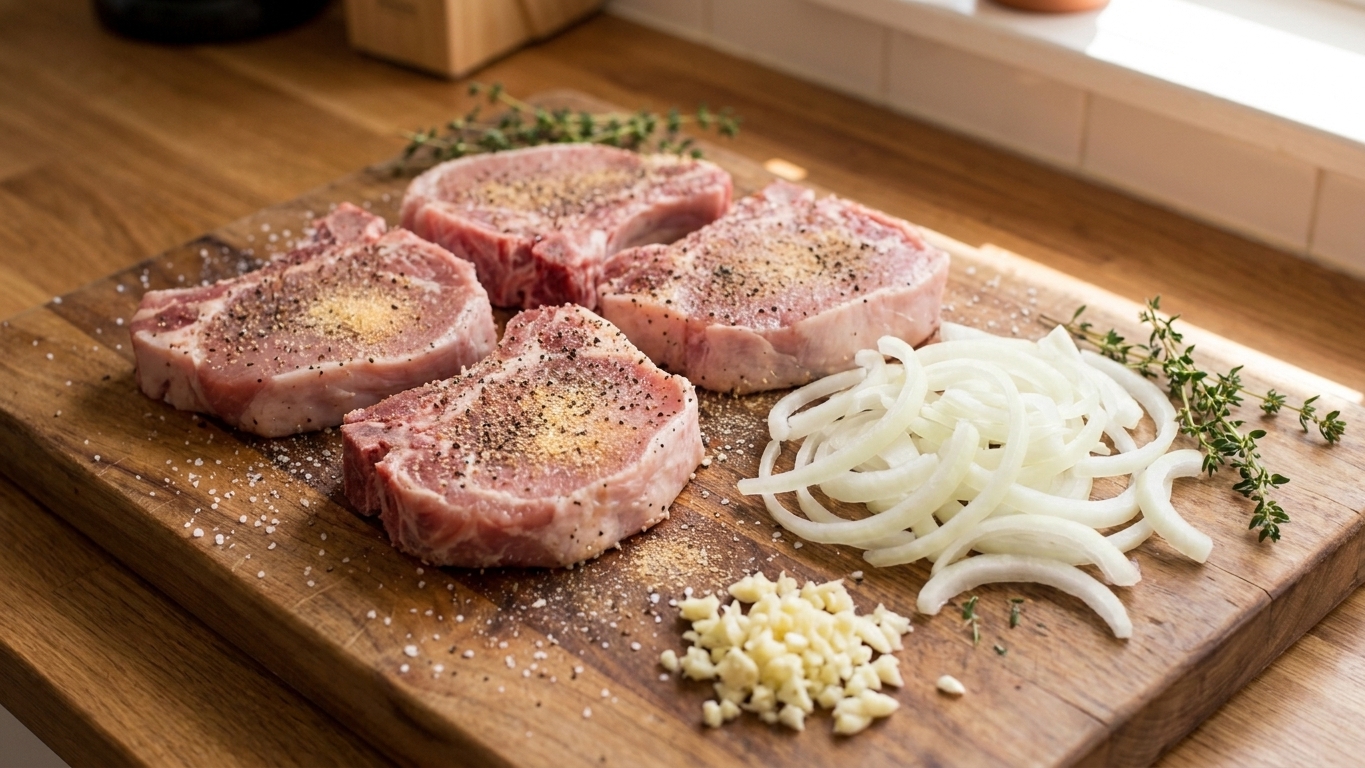 Pork loin chops seasoned with salt, pepper, and garlic powder on a cutting board beside sliced onions and minced garlic