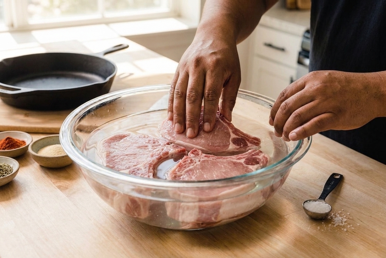 Pork loin chops soaking in a clear saltwater brine in a large glass bowl on a kitchen counter