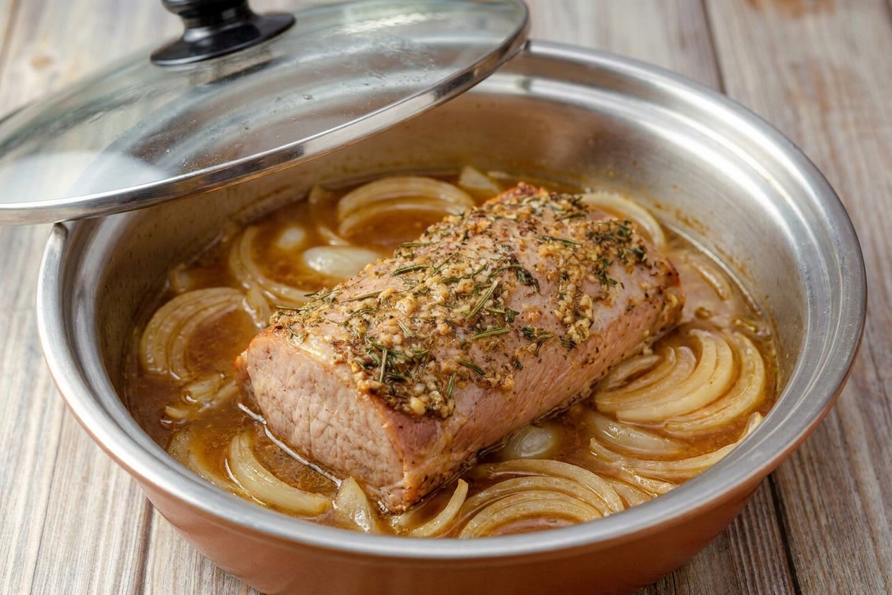 Pork loin resting on sliced onions inside a slow cooker with broth around the edges, lid lifted