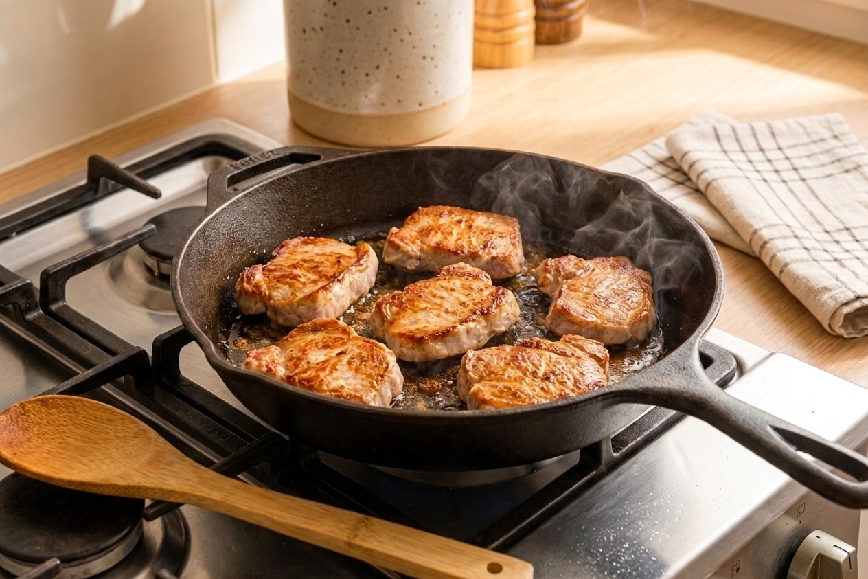 Pork medallions browning in a hot skillet with caramelized edges forming and a light sheen of fat in the pan