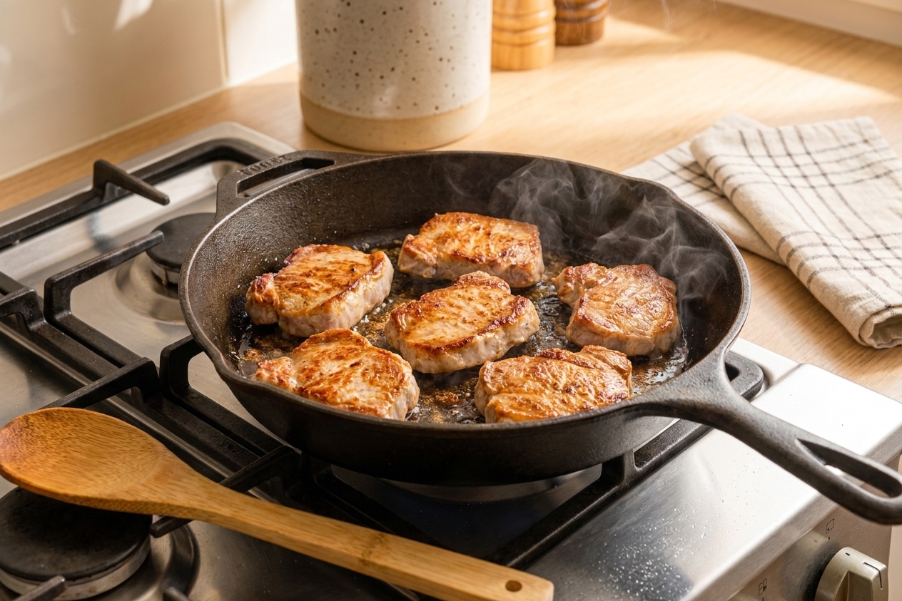 Pork medallions searing in a cast iron skillet on a home stove with light steam rising and a wooden spoon nearby