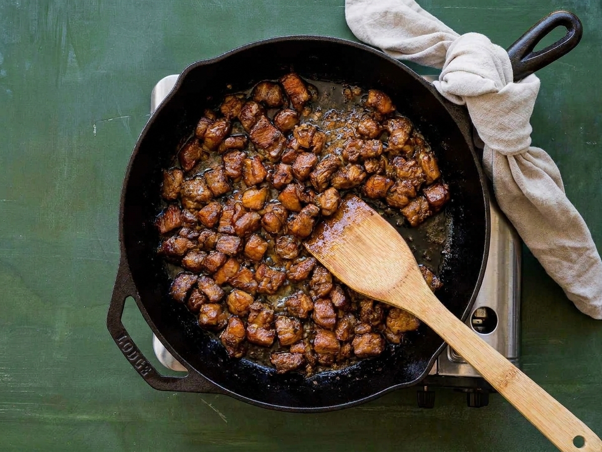 Pork pieces browning in a hot cast iron skillet with caramelized edges and rendered fat lightly coating the pan