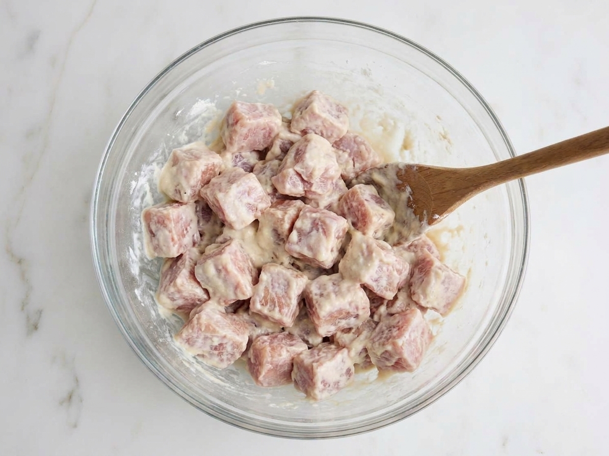 Pork pieces coated in a pale cornstarch and flour batter in a mixing bowl with a spoon resting on the side