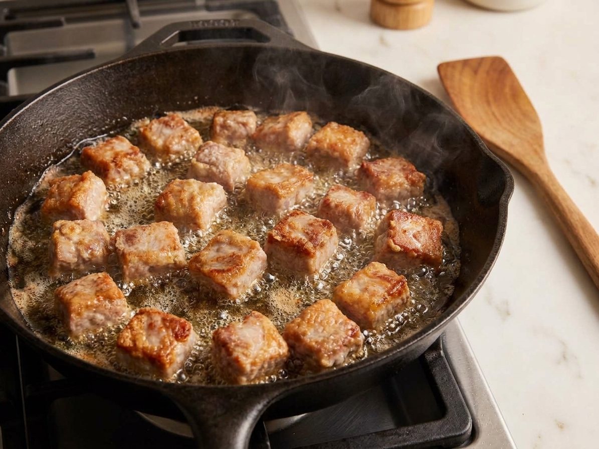 Pork pieces sizzling in hot oil in a skillet on a stovetop, with golden crust forming on the edges