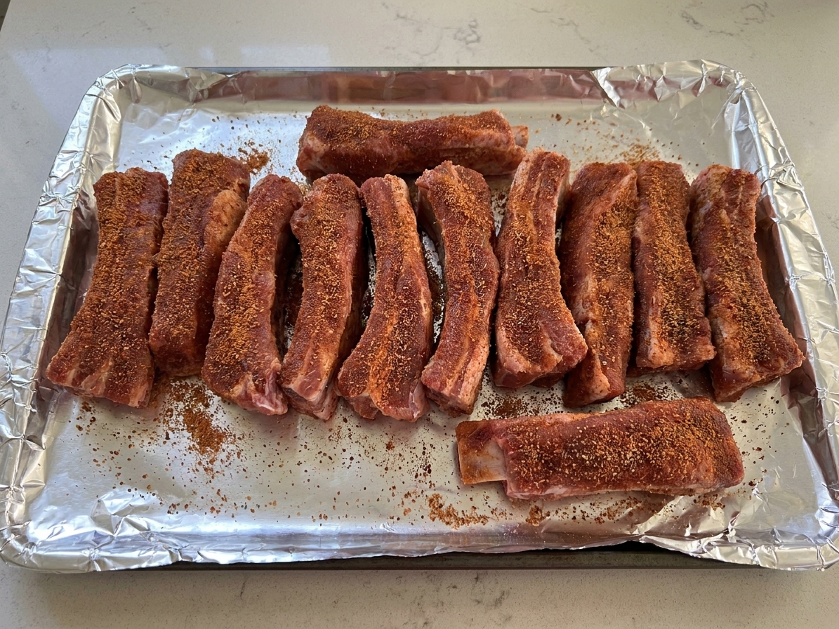 Pork riblets coated in a reddish spice rub arranged in a single layer on a foil-lined baking sheet