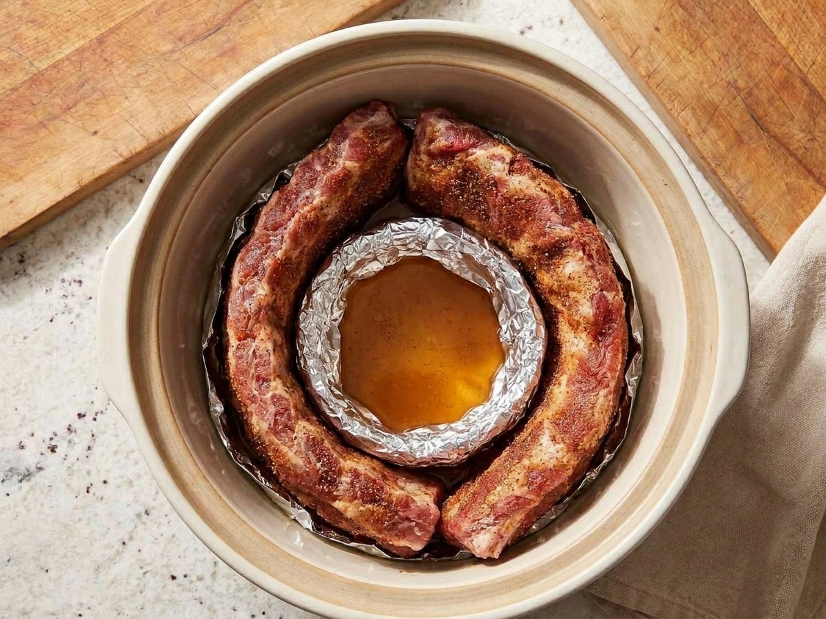 Pork ribs arranged upright inside a slow cooker, resting on a coil of aluminum foil above a small amount of cooking liquid