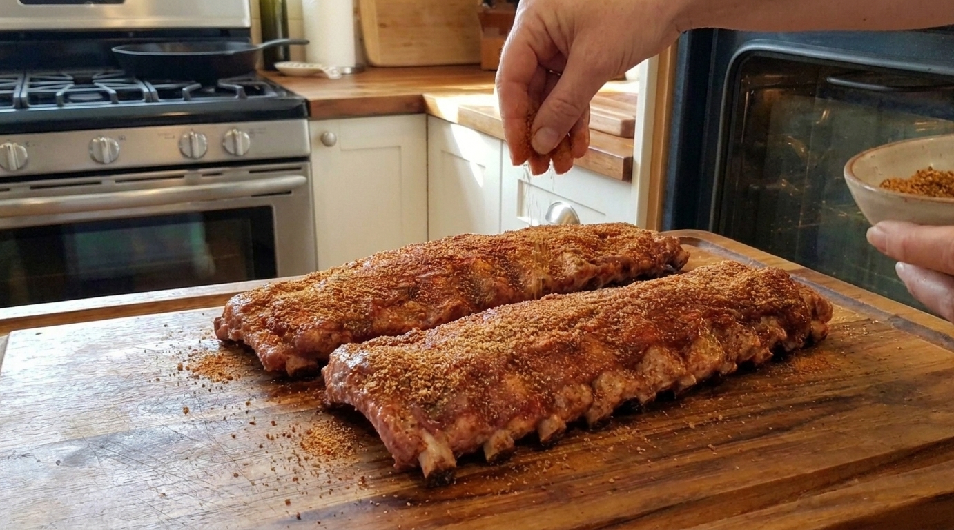 Pork ribs coated evenly with a brown sugar and smoked paprika dry rub on a cutting board