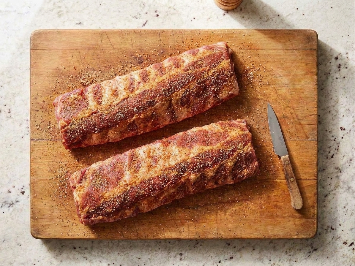Pork ribs heavily coated in a brown sugar and paprika dry rub on a wooden cutting board