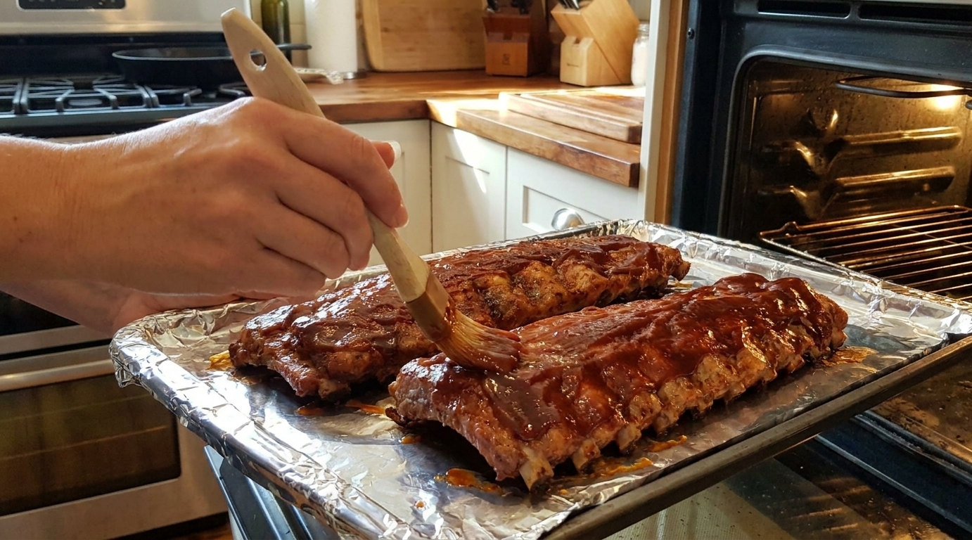 Pork ribs on a foil-lined sheet pan being brushed with barbecue sauce near an open oven door