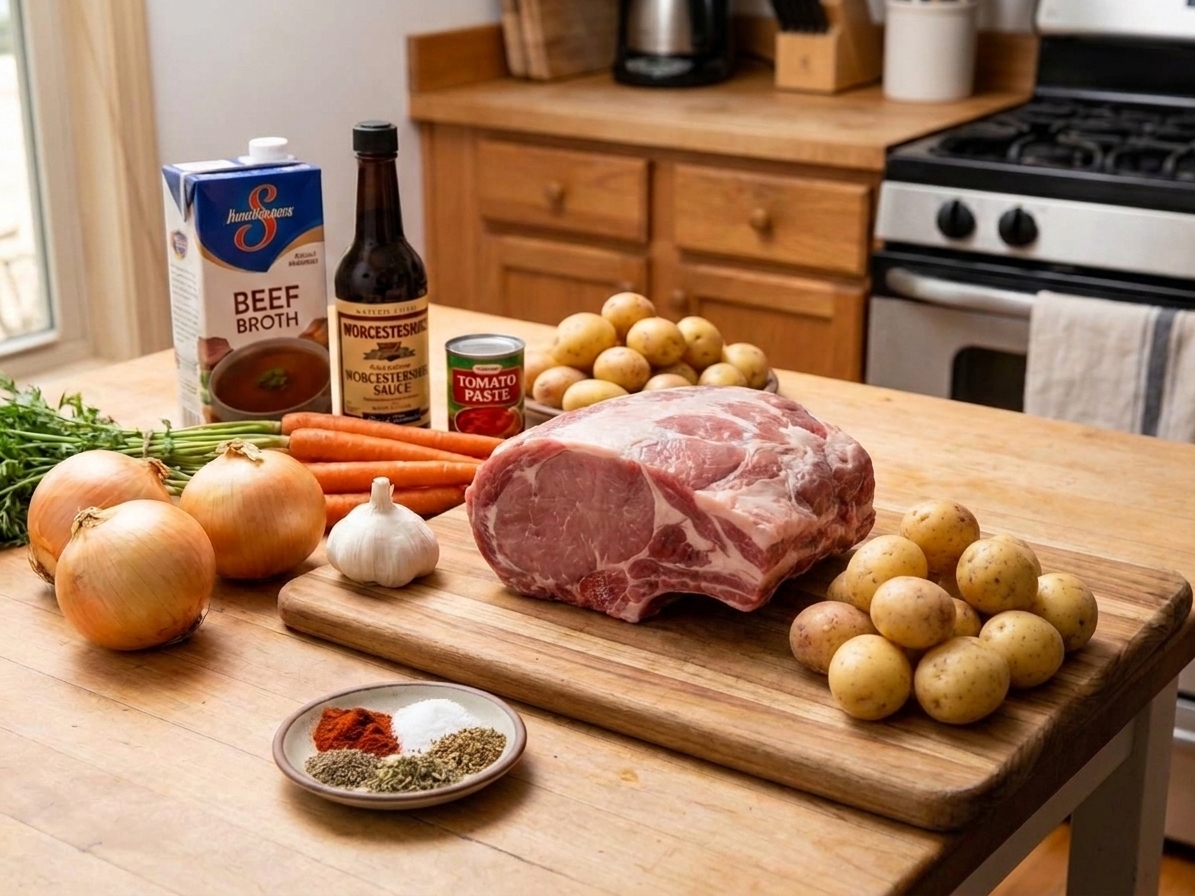 Pork roast, baby potatoes, carrots, onion, garlic, broth, Worcestershire, and spices arranged on a clean kitchen counter with warm natural light