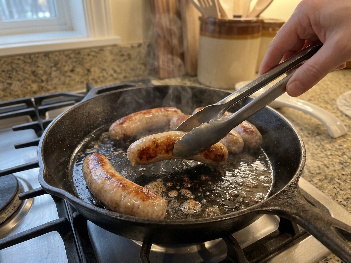 Pork sausages browning in a cast iron skillet on a stovetop with tongs turning them, warm kitchen lighting