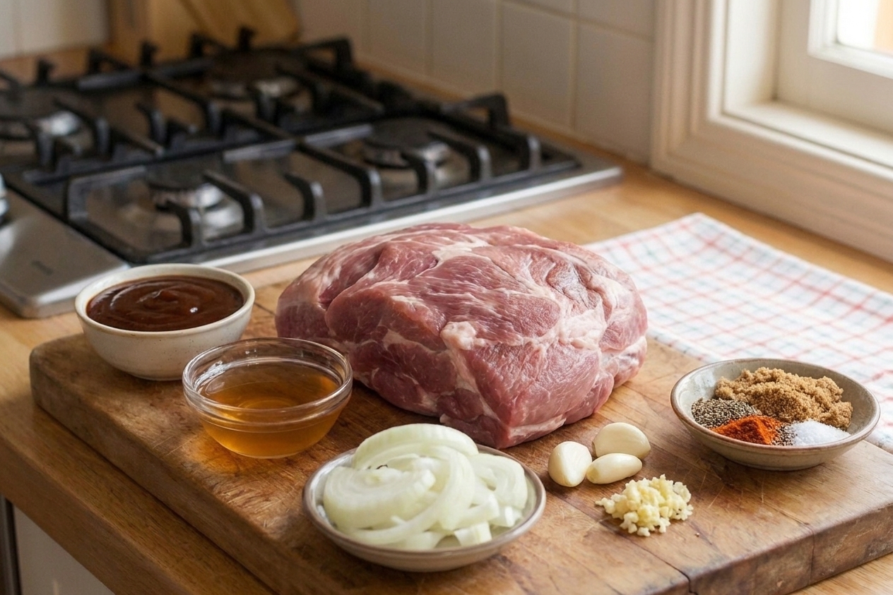 Pork shoulder, barbecue sauce, apple cider vinegar, brown sugar, onions, spices, and garlic laid out on a bright kitchen counter
