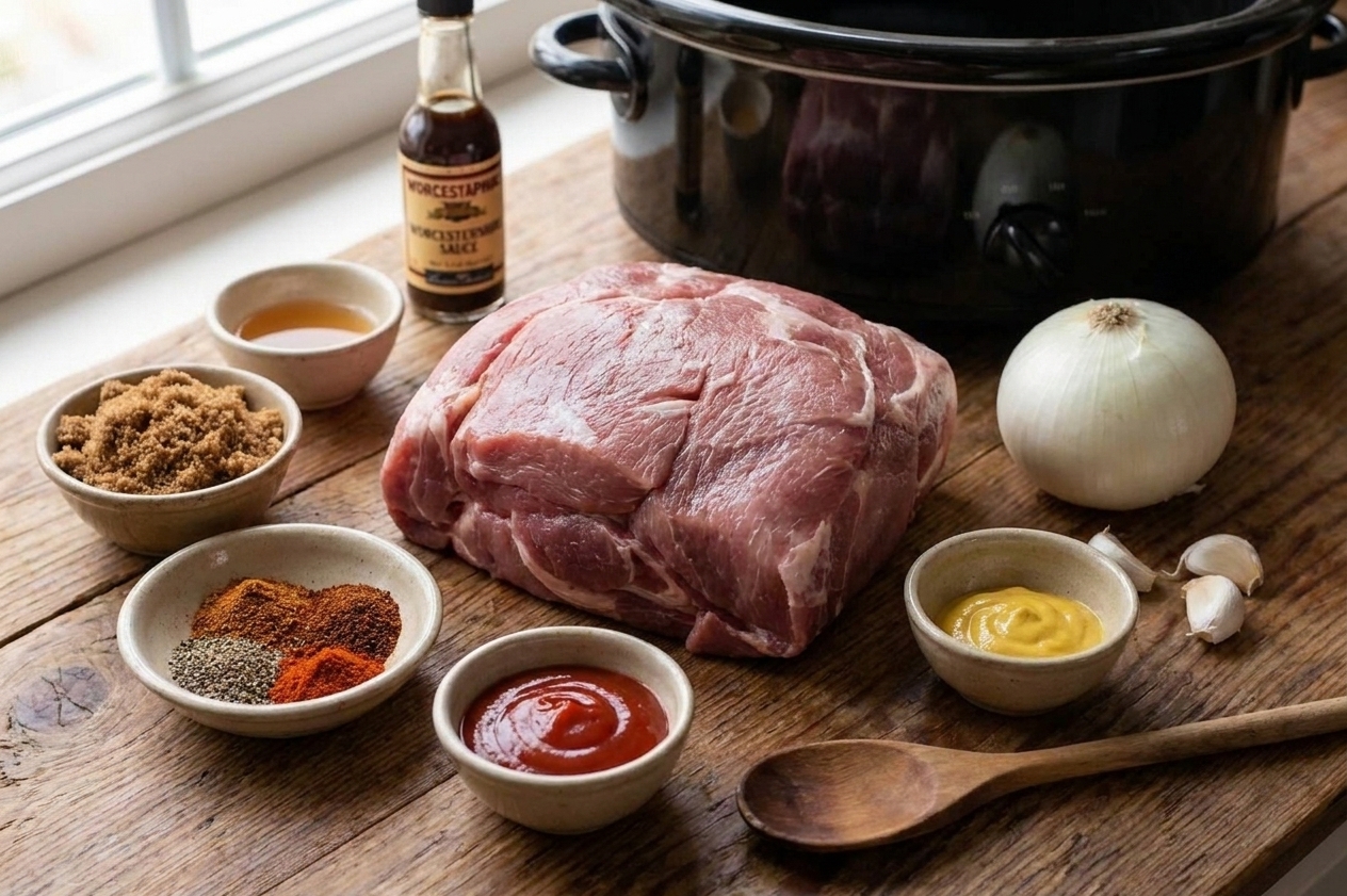 Pork shoulder, brown sugar, spices, apple cider vinegar, ketchup, mustard, Worcestershire sauce, onion, and garlic arranged on a clean kitchen counter