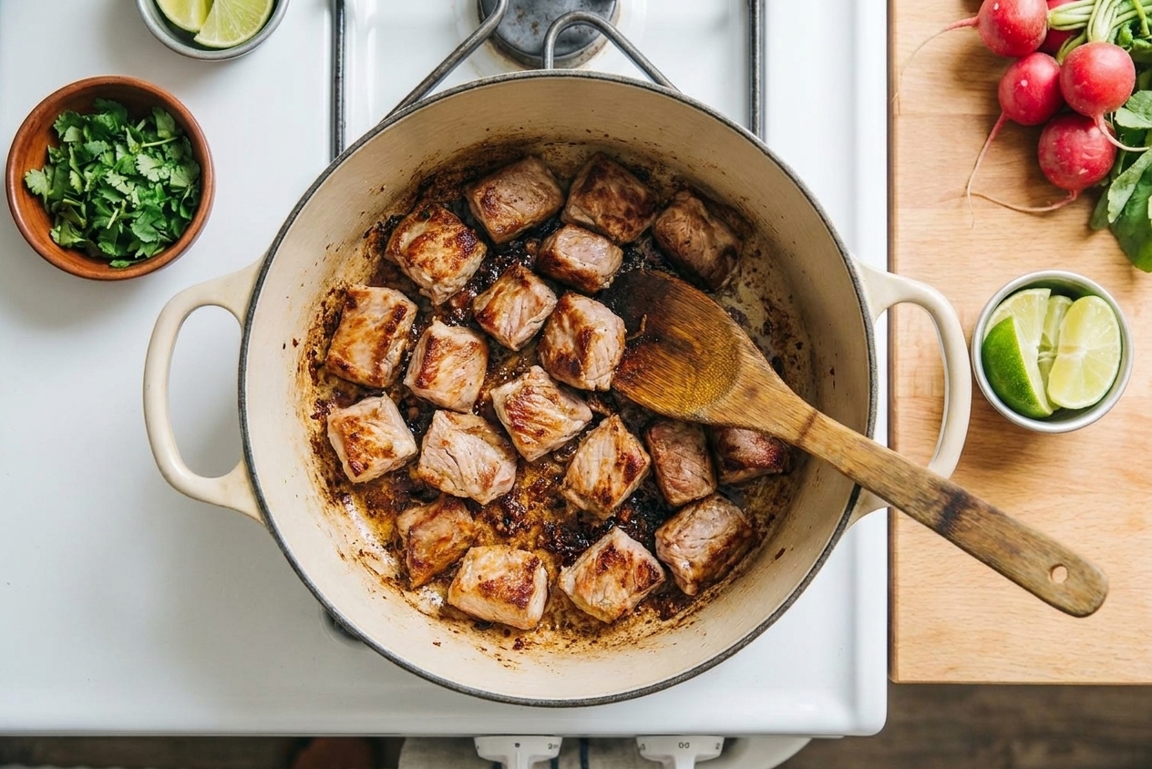 Pork shoulder chunks browning in a Dutch oven on a home stove with caramelized bits forming on the bottom