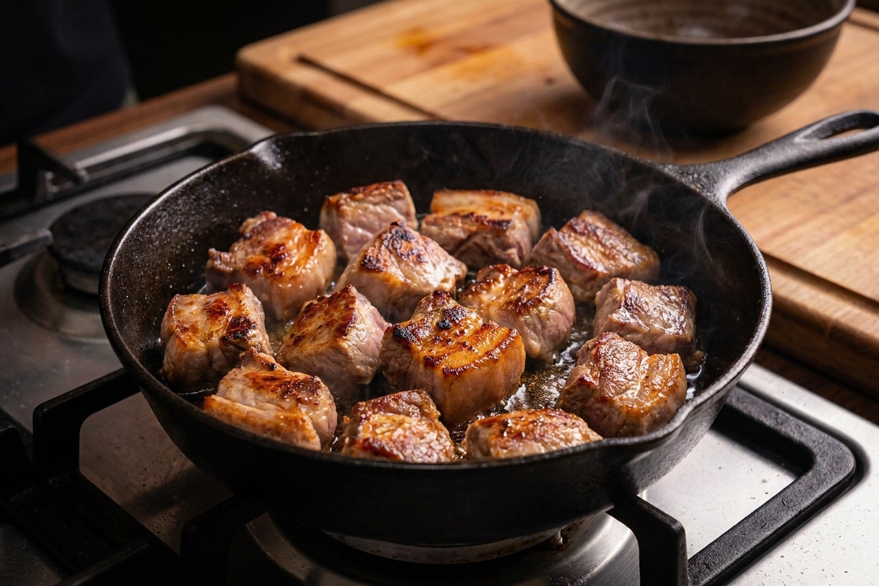 Pork shoulder chunks browning in a hot skillet with a light sheen of oil, edges turning deep golden
