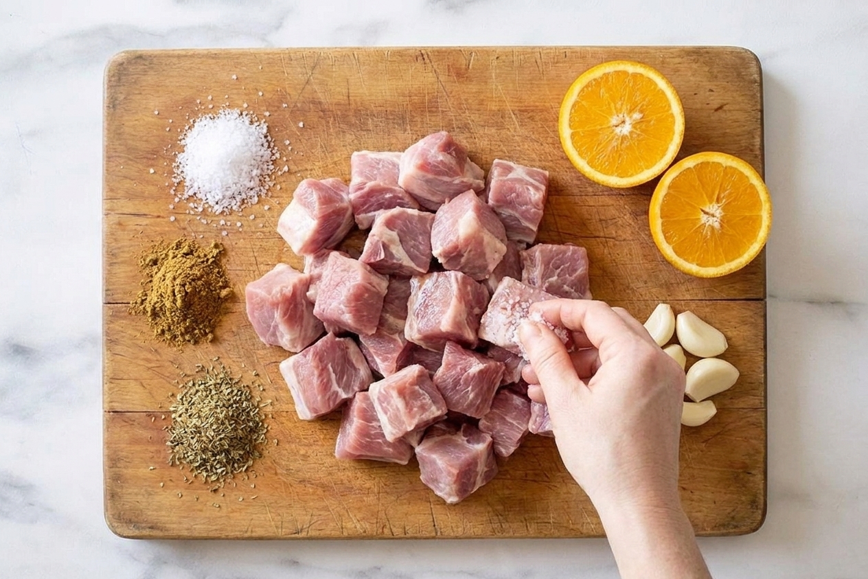 Pork shoulder chunks on a cutting board surrounded by salt, cumin, oregano, garlic, and halved oranges, ready for seasoning on a kitchen counter