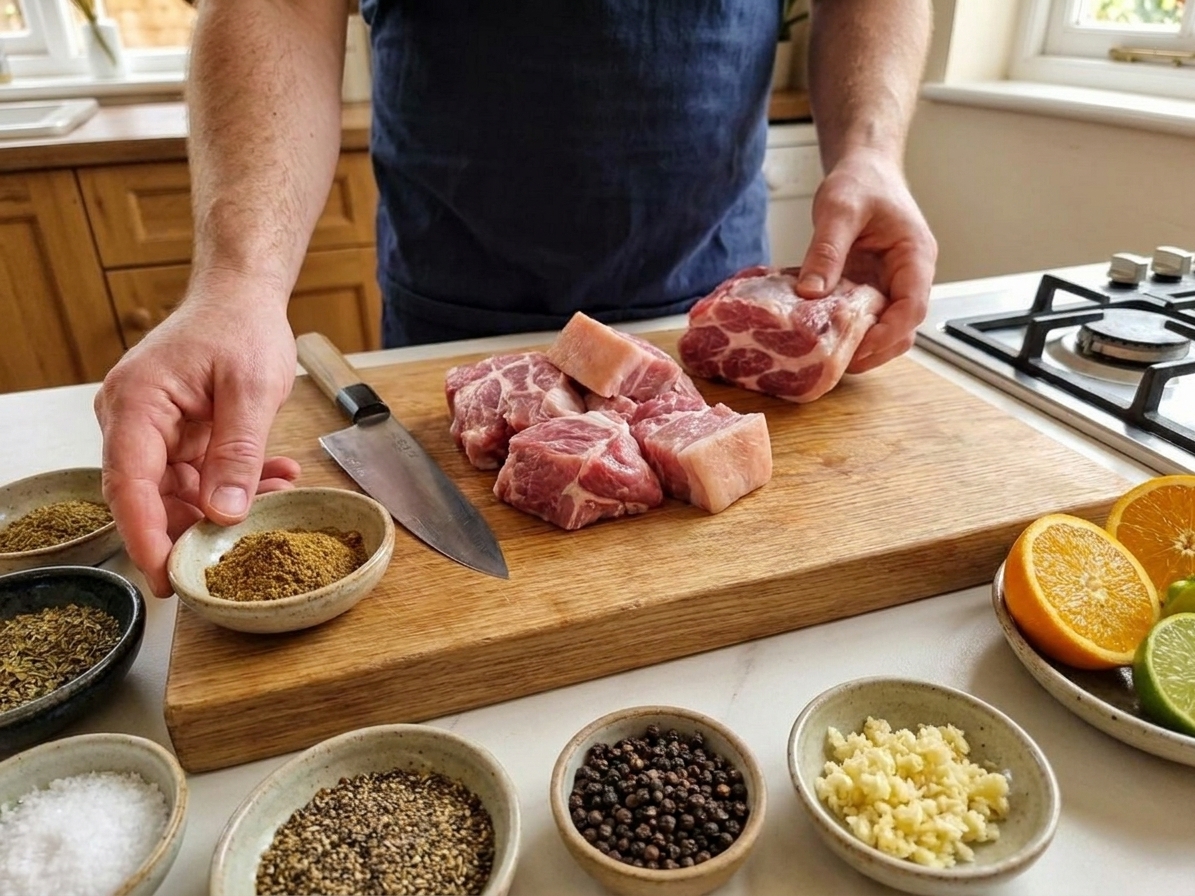 Pork shoulder chunks on a cutting board surrounded by bowls of cumin, oregano, salt, pepper, minced garlic, and halved oranges and limes on a bright kitchen counter