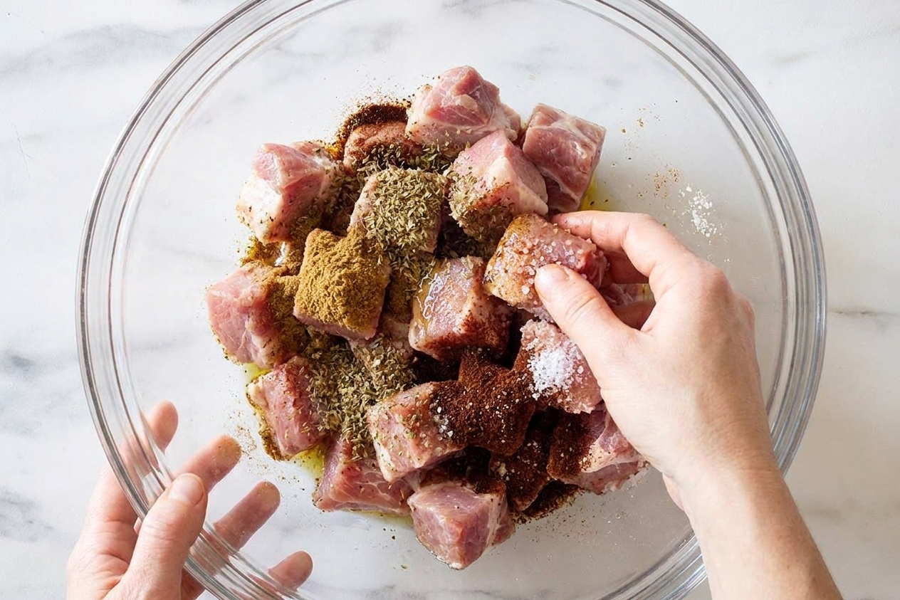 Pork shoulder chunks tossed with cumin, oregano, chili powder, and salt in a large bowl on a kitchen counter