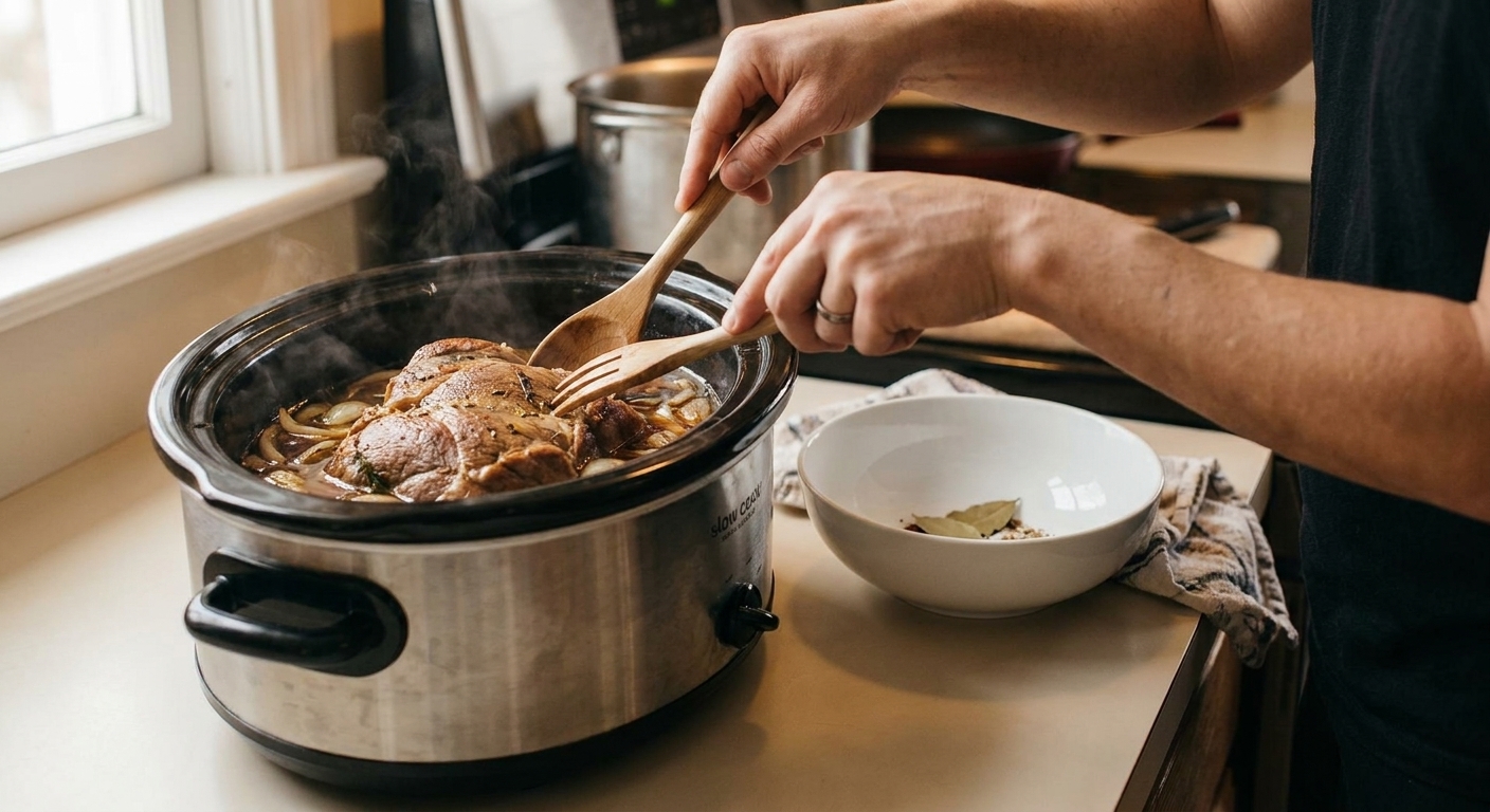 Pork shoulder cooking in a slow cooker with a small amount of liquid at the bottom on a tidy kitchen counter