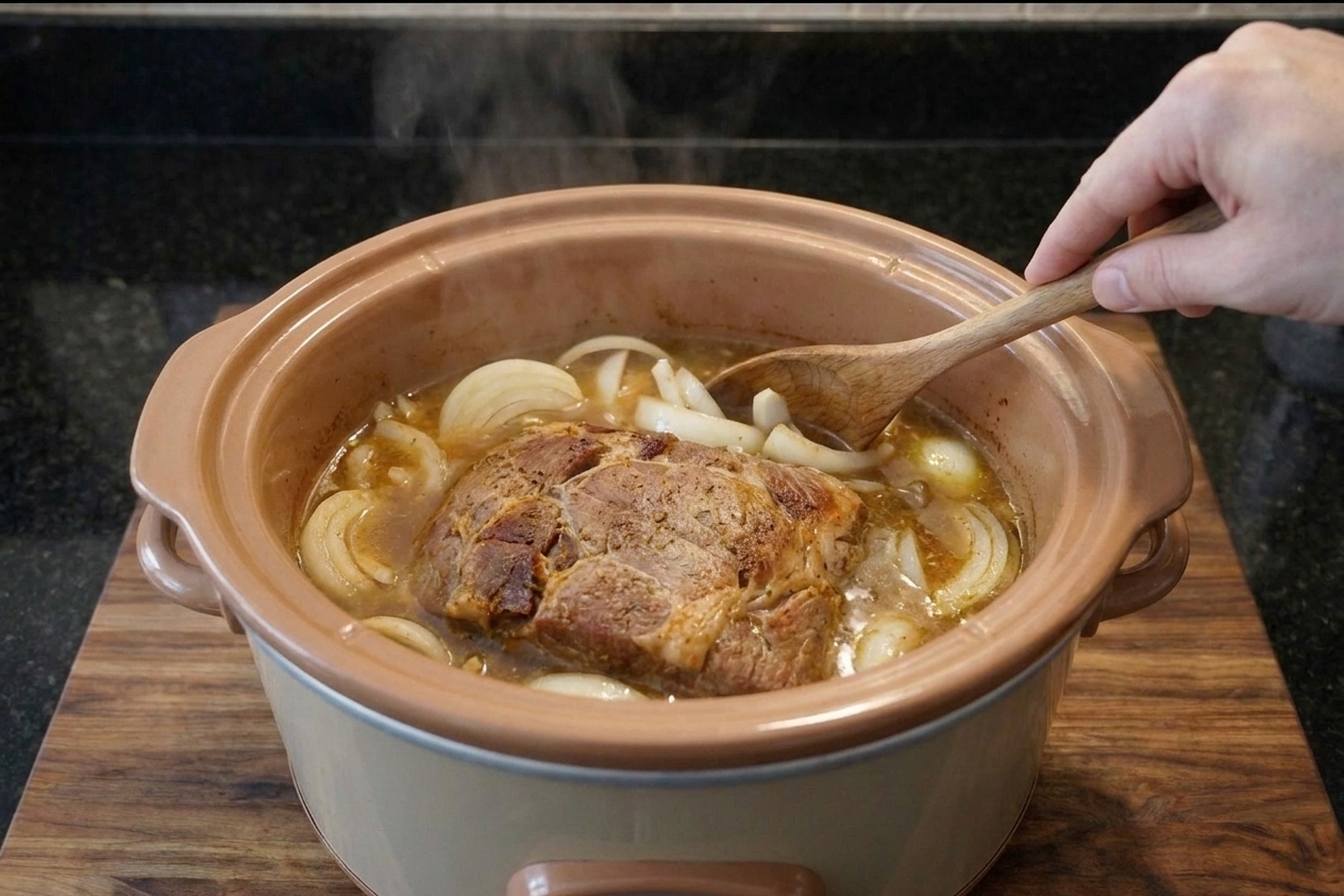 Pork shoulder cooking in a slow cooker with onions and broth in a home kitchen