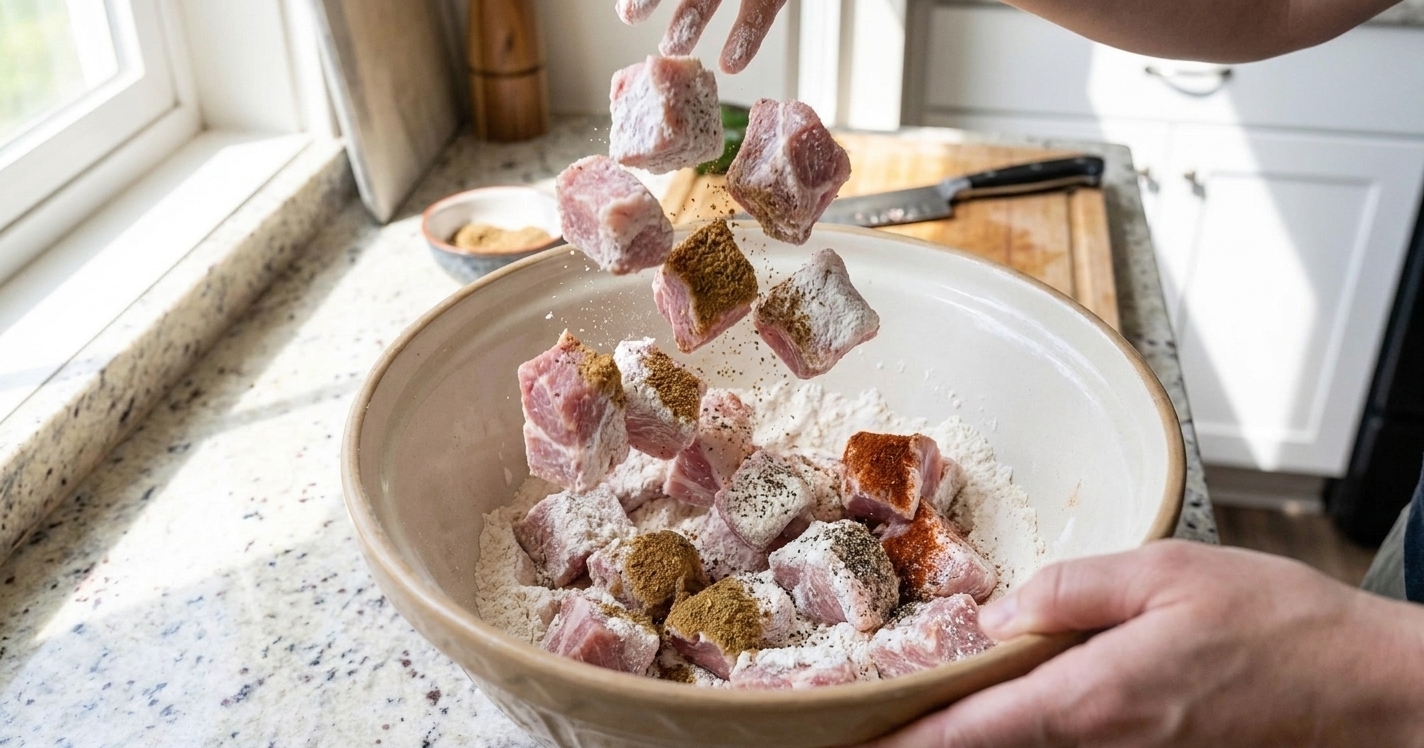 Pork shoulder cubes being tossed with flour and seasonings in a mixing bowl on a kitchen counter