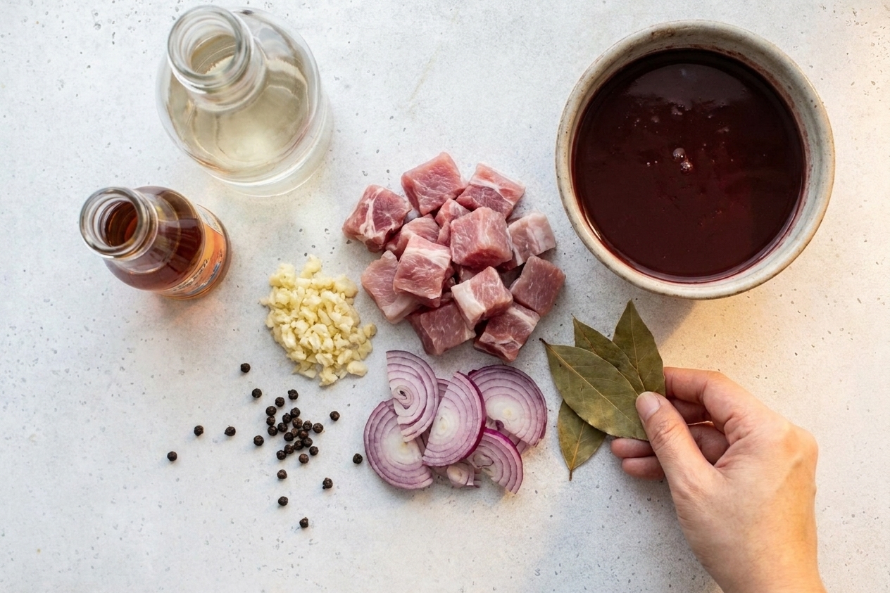 Pork shoulder cubes, minced garlic, sliced onion, bay leaves, vinegar, fish sauce, and a bowl of pork blood arranged on a kitchen counter with warm natural light