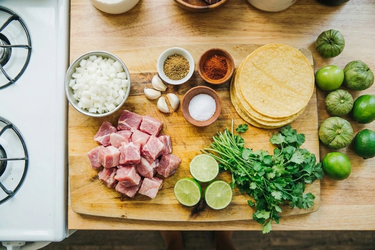 Pork shoulder cubes, onion, garlic, limes, cilantro, tomatillos, tortillas, and spices arranged on a kitchen counter