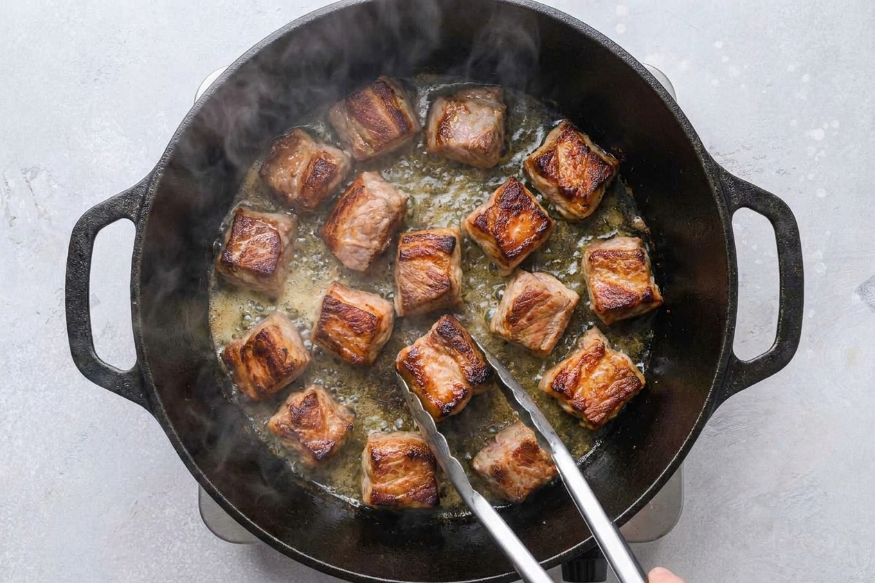Pork shoulder cubes searing in a Dutch oven with browned edges and light sizzling oil