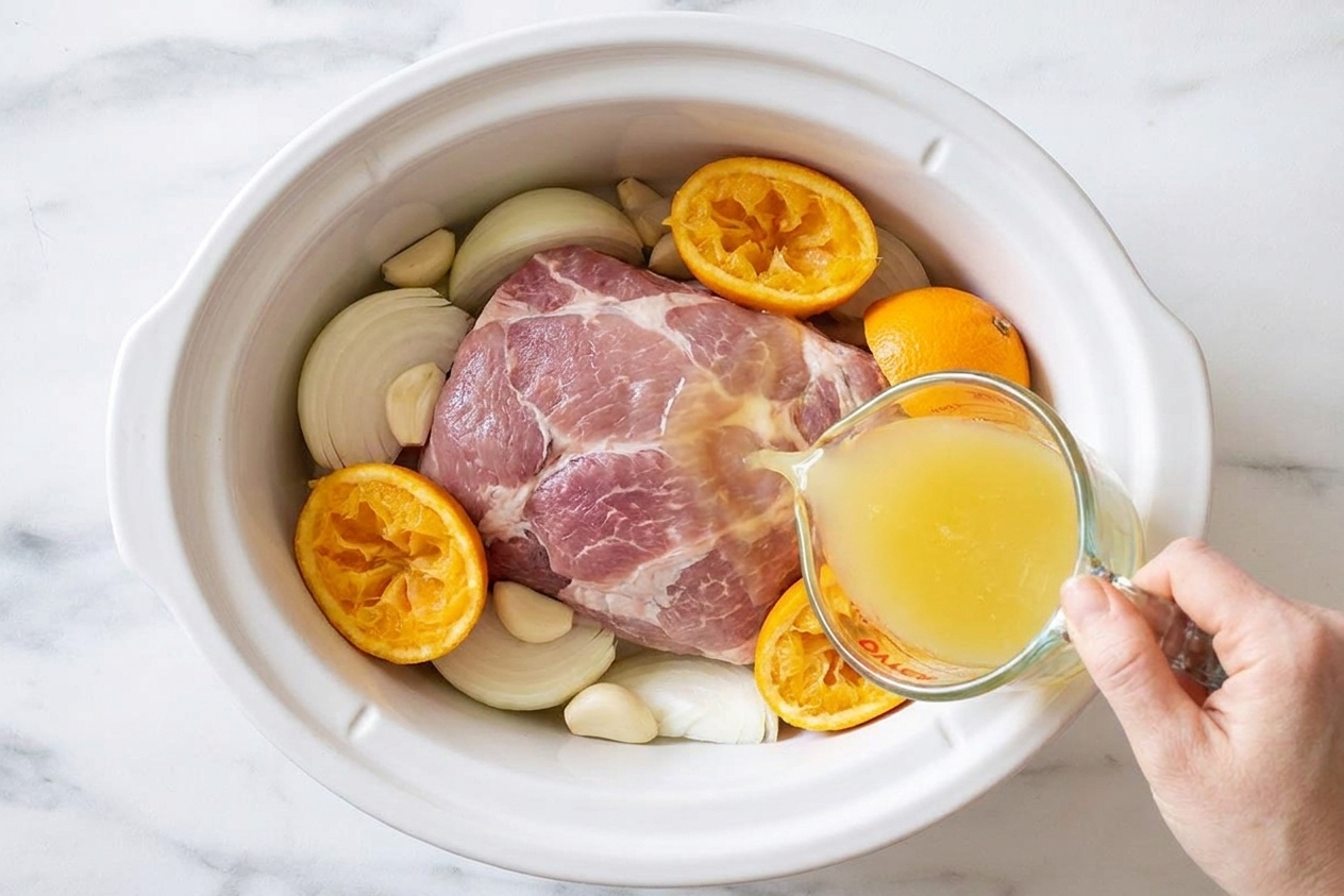 Pork shoulder in a slow cooker with sliced onions, garlic, and squeezed orange halves, with citrus juice being poured in