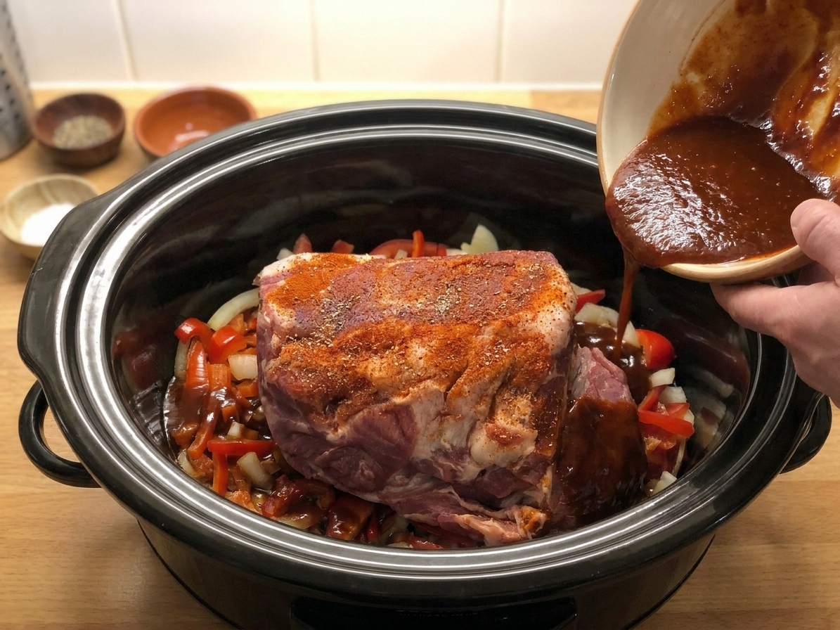 Pork shoulder nestled on onions in a slow cooker with sauce partially surrounding it, ready to cook
