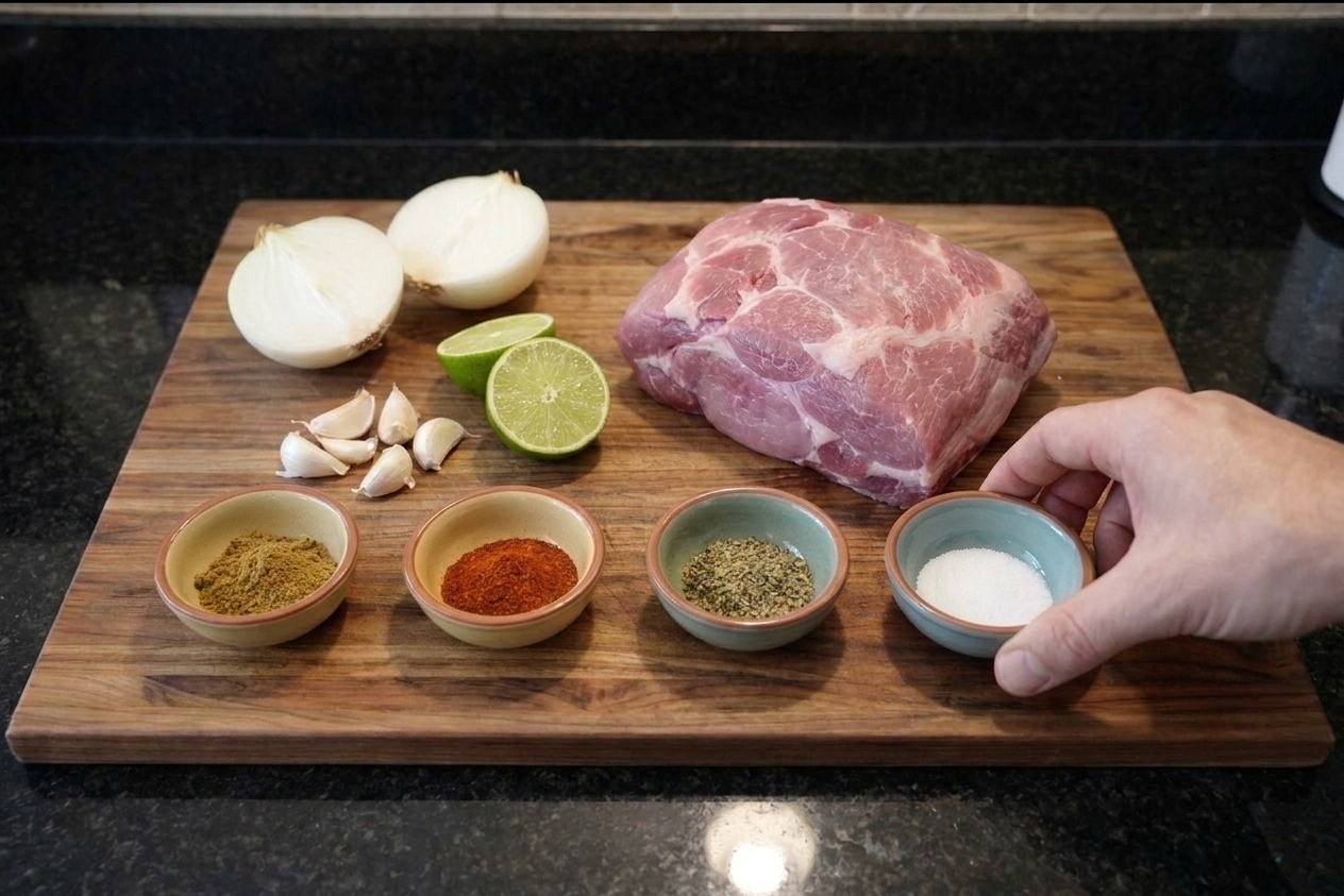 Pork shoulder on a cutting board beside halved onions, garlic cloves, lime, and small bowls of spices on a tidy kitchen counter