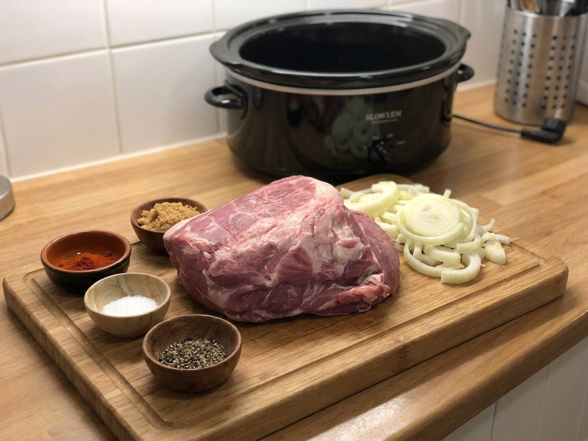 Pork shoulder on a cutting board surrounded by small bowls of spices and sliced onions on a kitchen counter