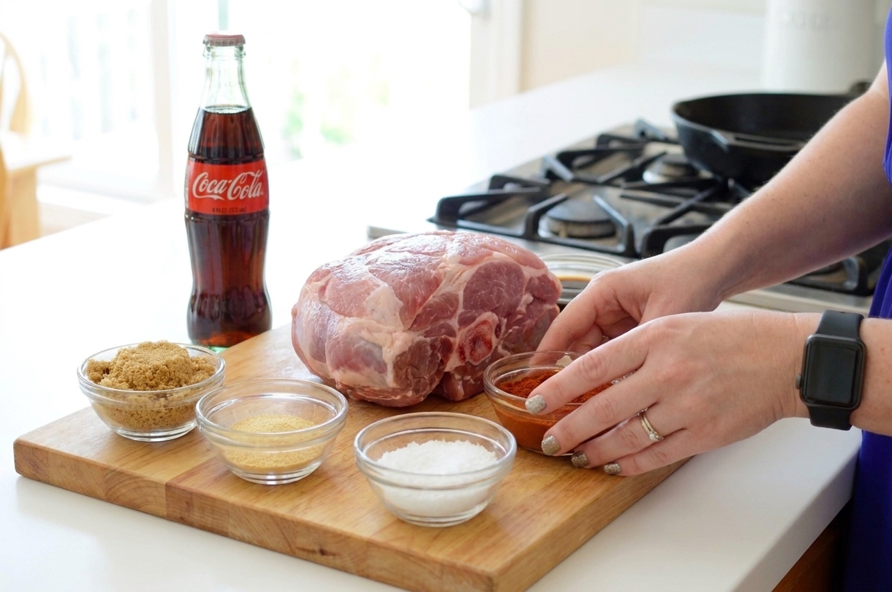 Pork shoulder on a cutting board surrounded by small bowls of brown sugar, smoked paprika, garlic powder, salt, pepper, and a bottle of Coca-Cola on a counter