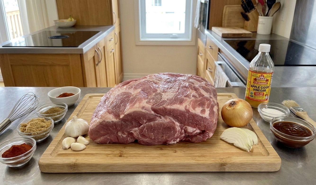 Pork shoulder on a cutting board surrounded by smoked paprika, brown sugar, garlic, onion, apple cider vinegar, and barbecue sauce on a tidy home-kitchen counter