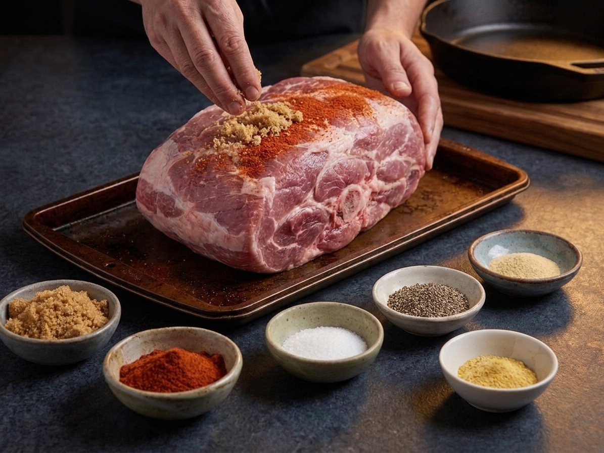 Pork shoulder on a rimmed baking sheet surrounded by small bowls of brown sugar, paprika, salt, pepper, garlic powder, and mustard