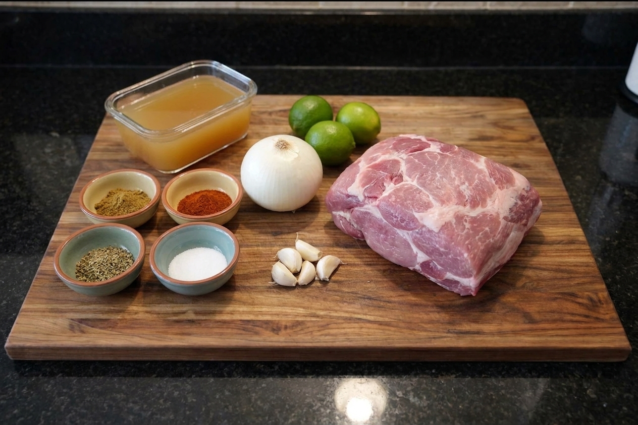 Pork shoulder, onion, garlic, limes, chicken broth, and small bowls of spices arranged on a bright kitchen counter