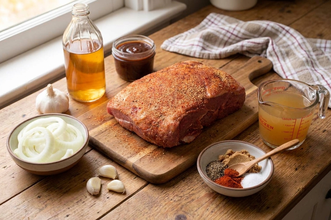 Pork shoulder, onions, garlic, apple cider vinegar, barbecue sauce, spices, and broth arranged on a kitchen counter under soft daylight