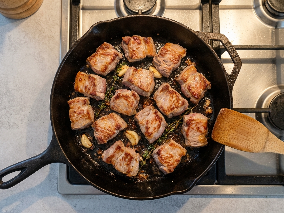 Pork shoulder pieces browning in a wide skillet with golden edges, viewed from above on a home stovetop