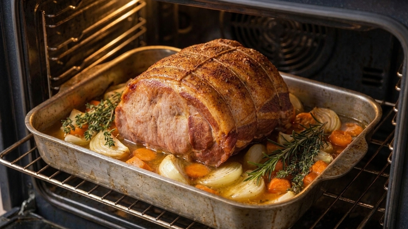 Pork shoulder roast in a roasting pan inside an oven with browned top and vegetables around it