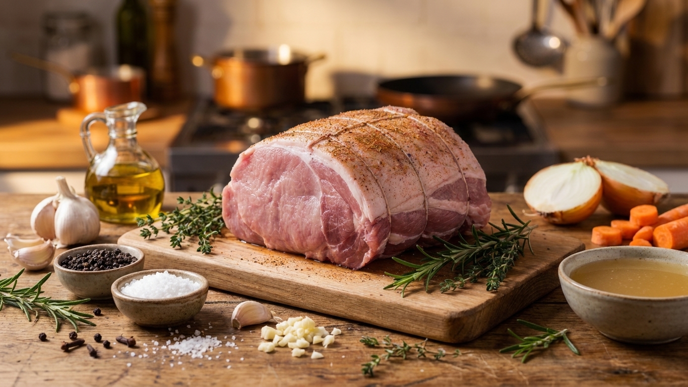 Pork shoulder roast on a cutting board surrounded by garlic, rosemary, thyme, kosher salt, black pepper, olive oil, onions, carrots, and chicken broth on a bright kitchen counter